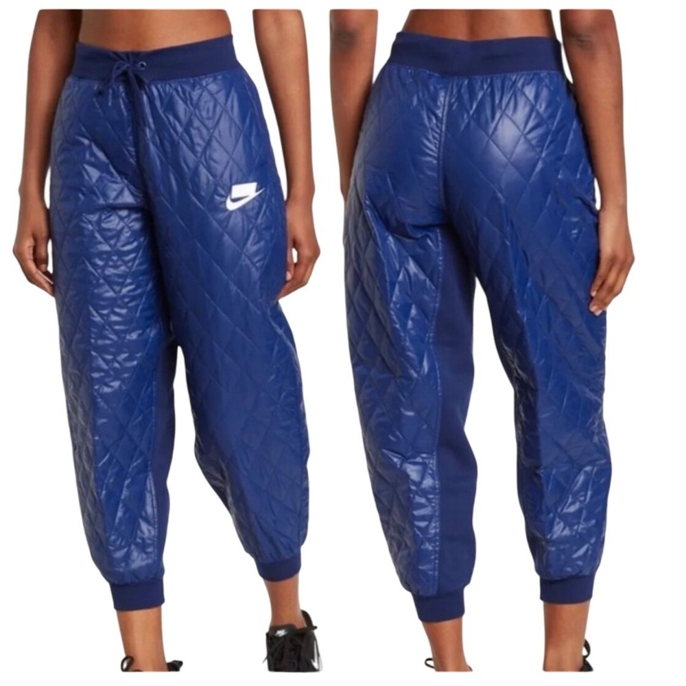 Nike Quilted Puffer Pants Blue Drawstring Waist Joggers Athleisure Small